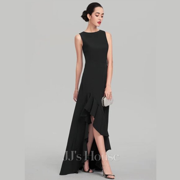 JJ's House A-line Scoop Asymmetrical Stretch Crepe Fancy Evening Dress Ruffle - Picture 2 of 10